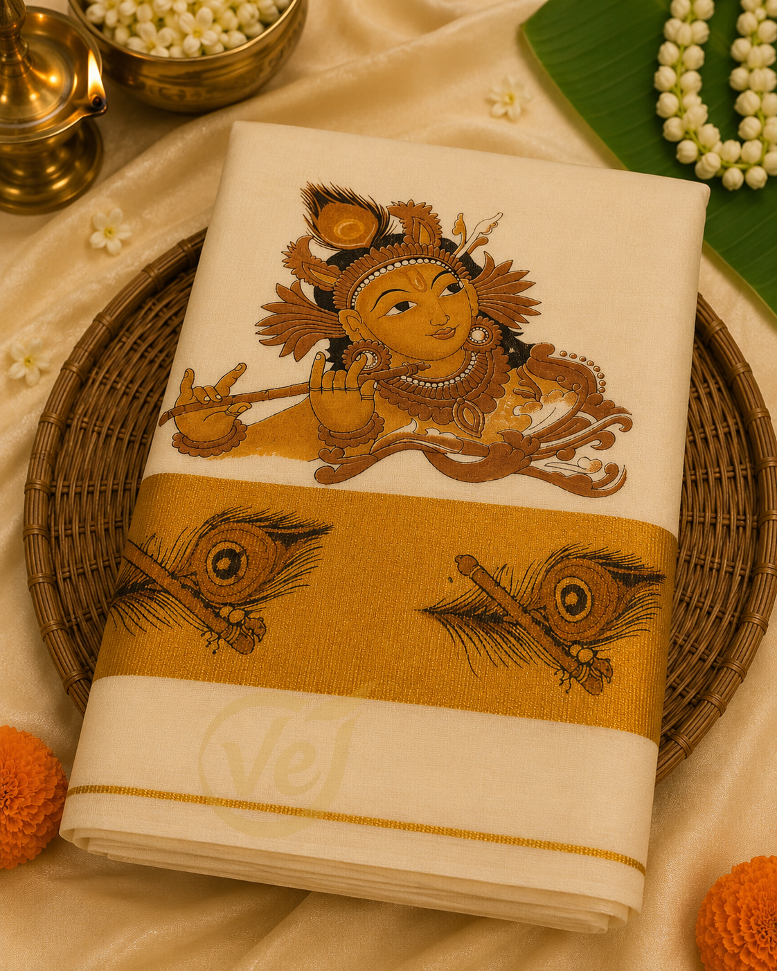 Kerala Hand Block Print Saree With Gold Border - Onam Saree