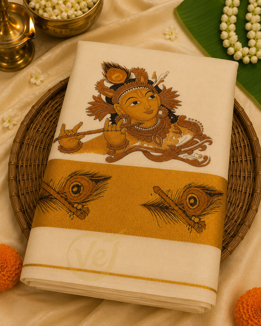 Kerala Hand Block Print Saree With Gold Border - Onam Saree