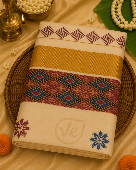 Kerala Hand Block Print Saree With Gold - Onam Saree