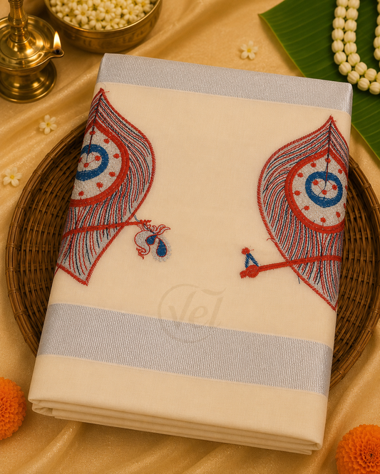 Kerala Mundhi Work Silver Leaf Pattern with Silver Border - Onam Saree