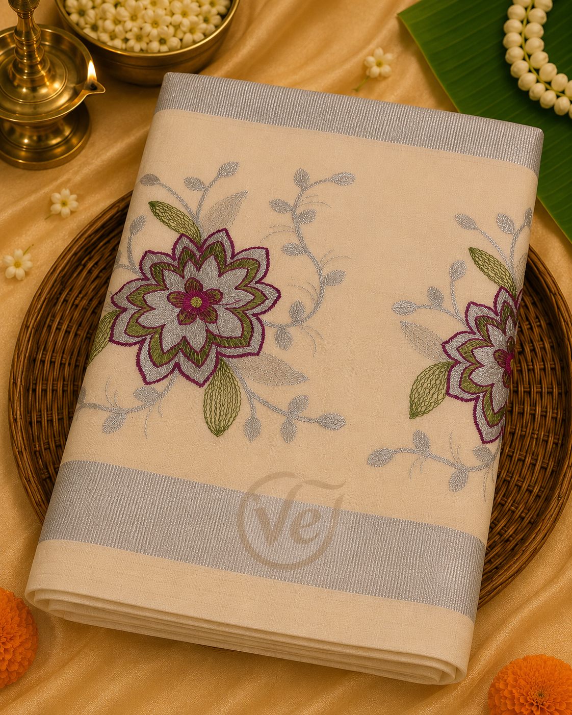 Kerala Mundhi work 12 Pondhu Silver Flower - Onam Saree