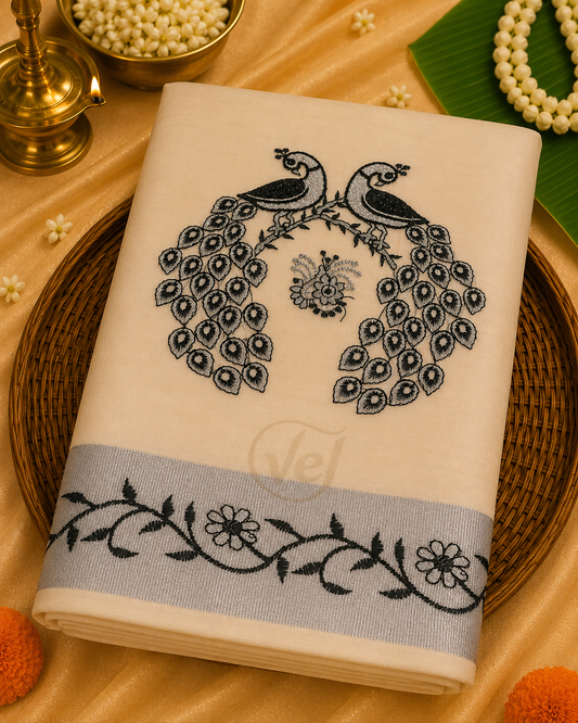 Kerala Mundhi Work Silver Peacock Pattern with Silver Border - Onam Saree