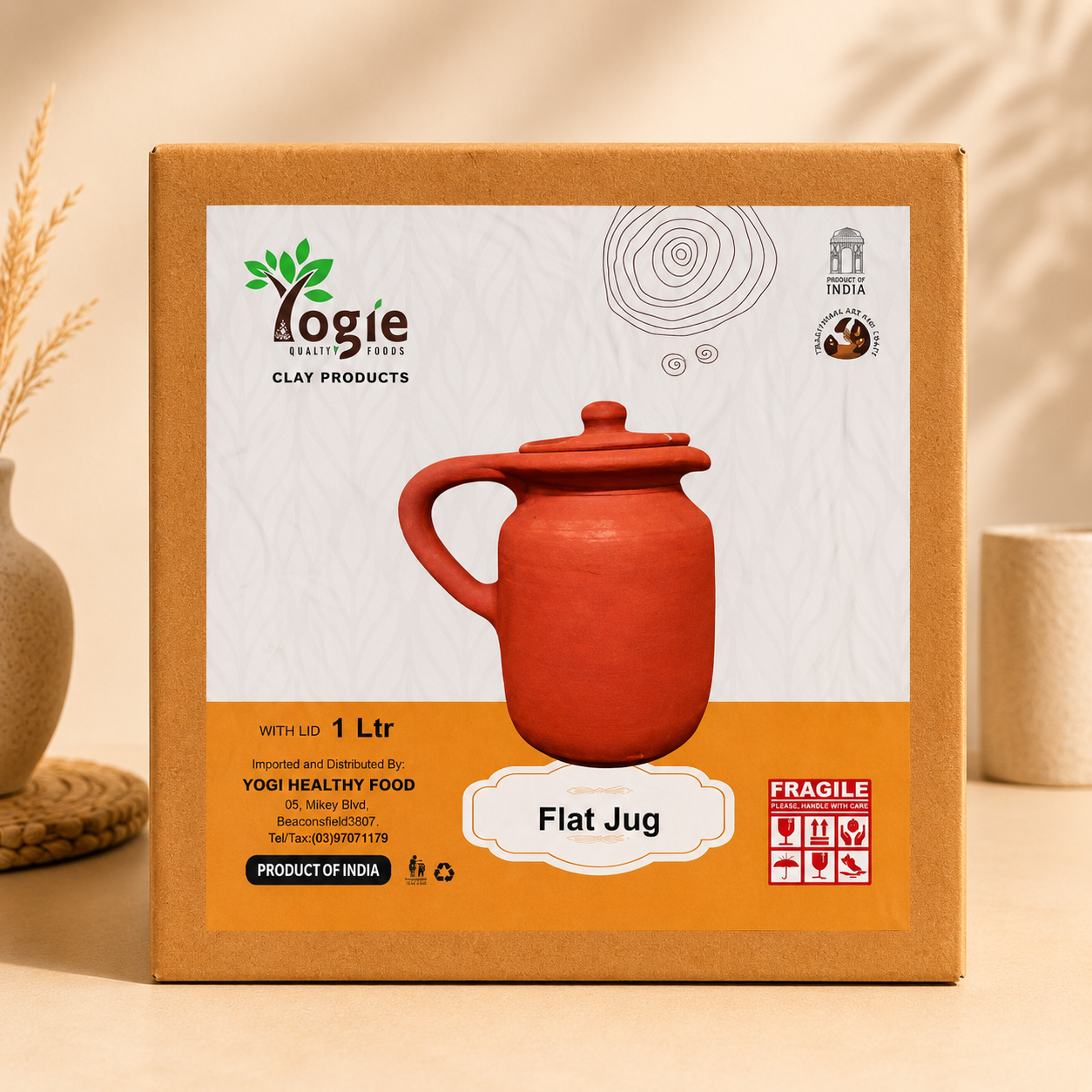 Yogie Flat Jug With Lid 1Lt Clay Red