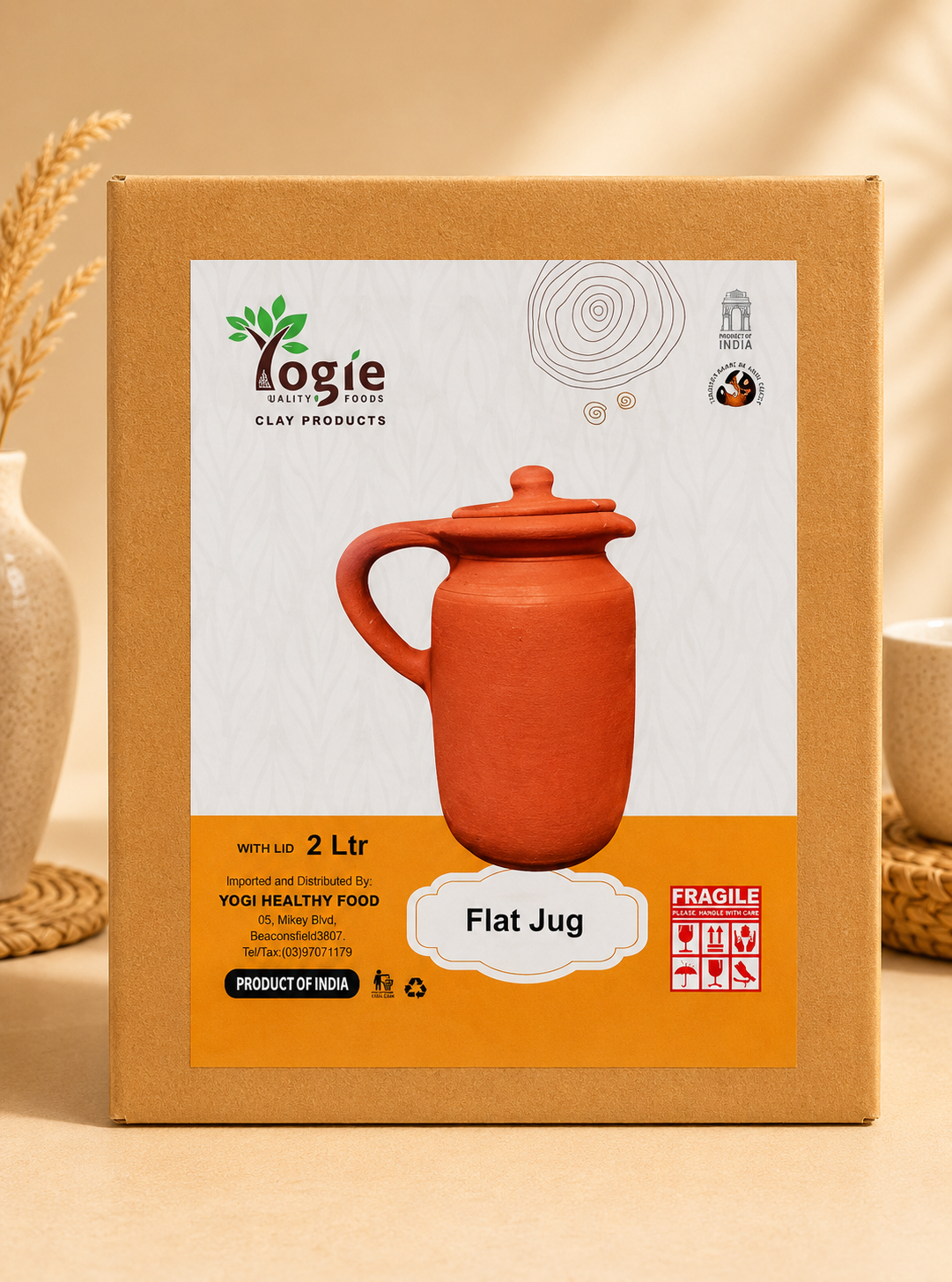 Yogie Flat Jug With Lid 2Lt Clay Red