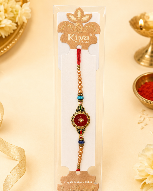 Rakhi / Raki Round Red Stone with Beads(Online exclusive)