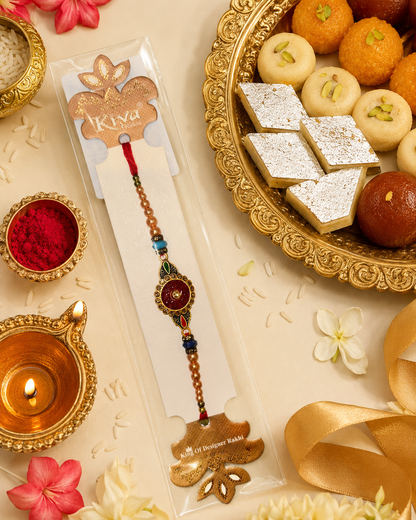 Rakhi / Raki Round Red Stone with Beads(Online exclusive)