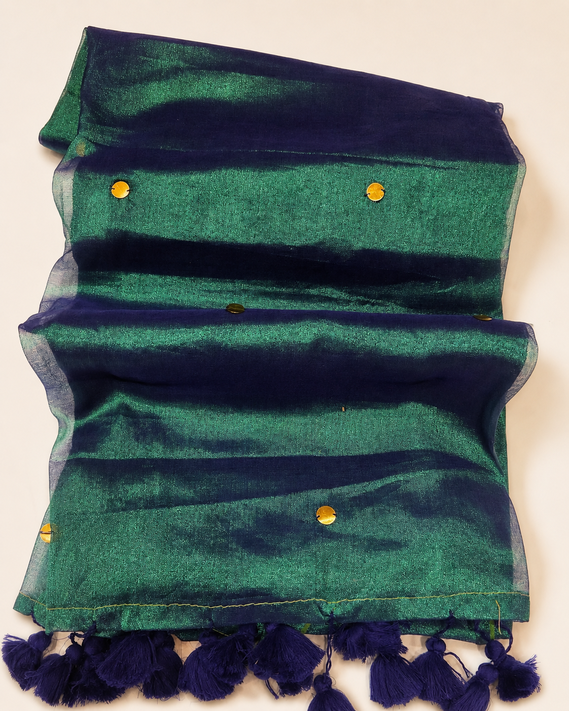 Nila Emerald Tissue Saree | Peacock Blue Tissue Silk Blend, Gold Buttas, Tassel Border, Wedding Saree