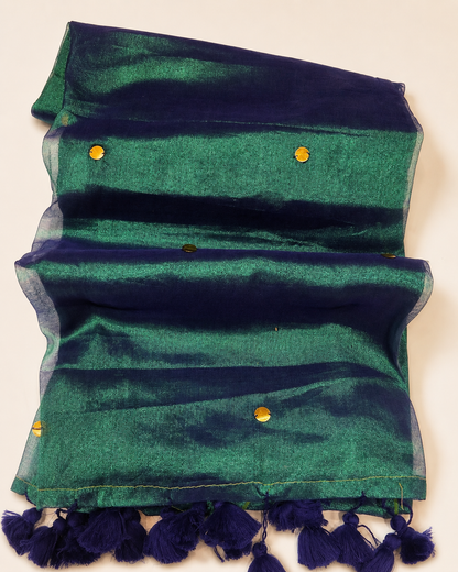 Nila Emerald Tissue Saree | Peacock Blue Tissue Silk Blend, Gold Buttas, Tassel Border, Wedding Saree