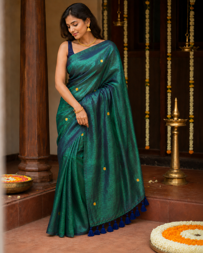 Nila Emerald Tissue Saree | Peacock Blue Tissue Silk Blend, Gold Buttas, Tassel Border, Wedding Saree