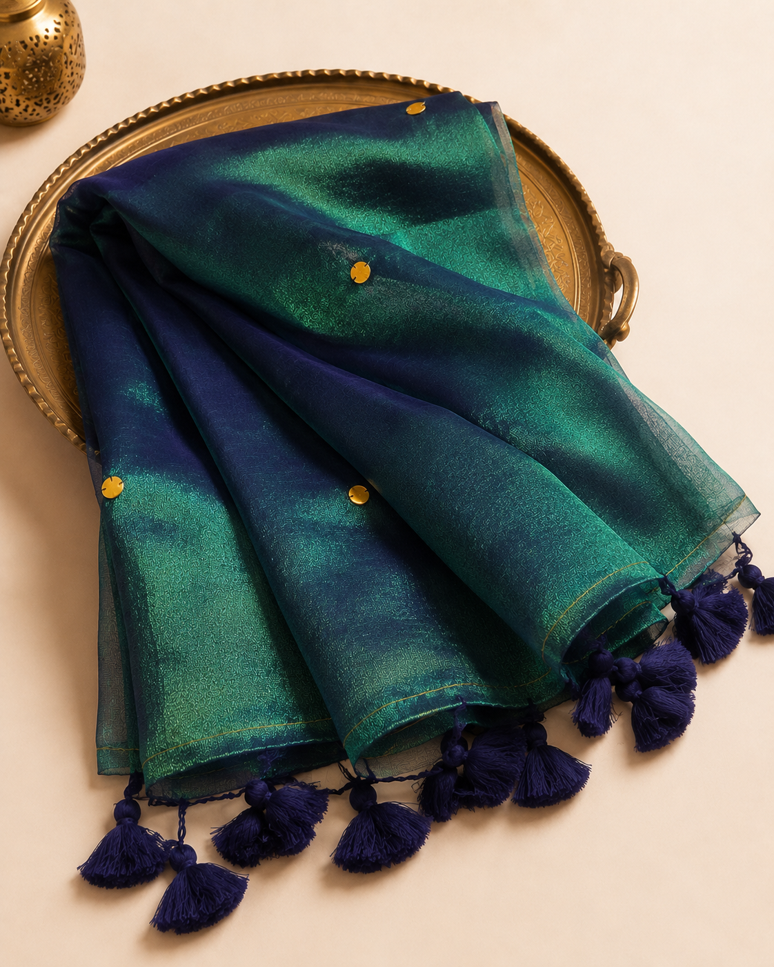 Nila Emerald Tissue Saree | Peacock Blue Tissue Silk Blend, Gold Buttas, Tassel Border, Wedding Saree
