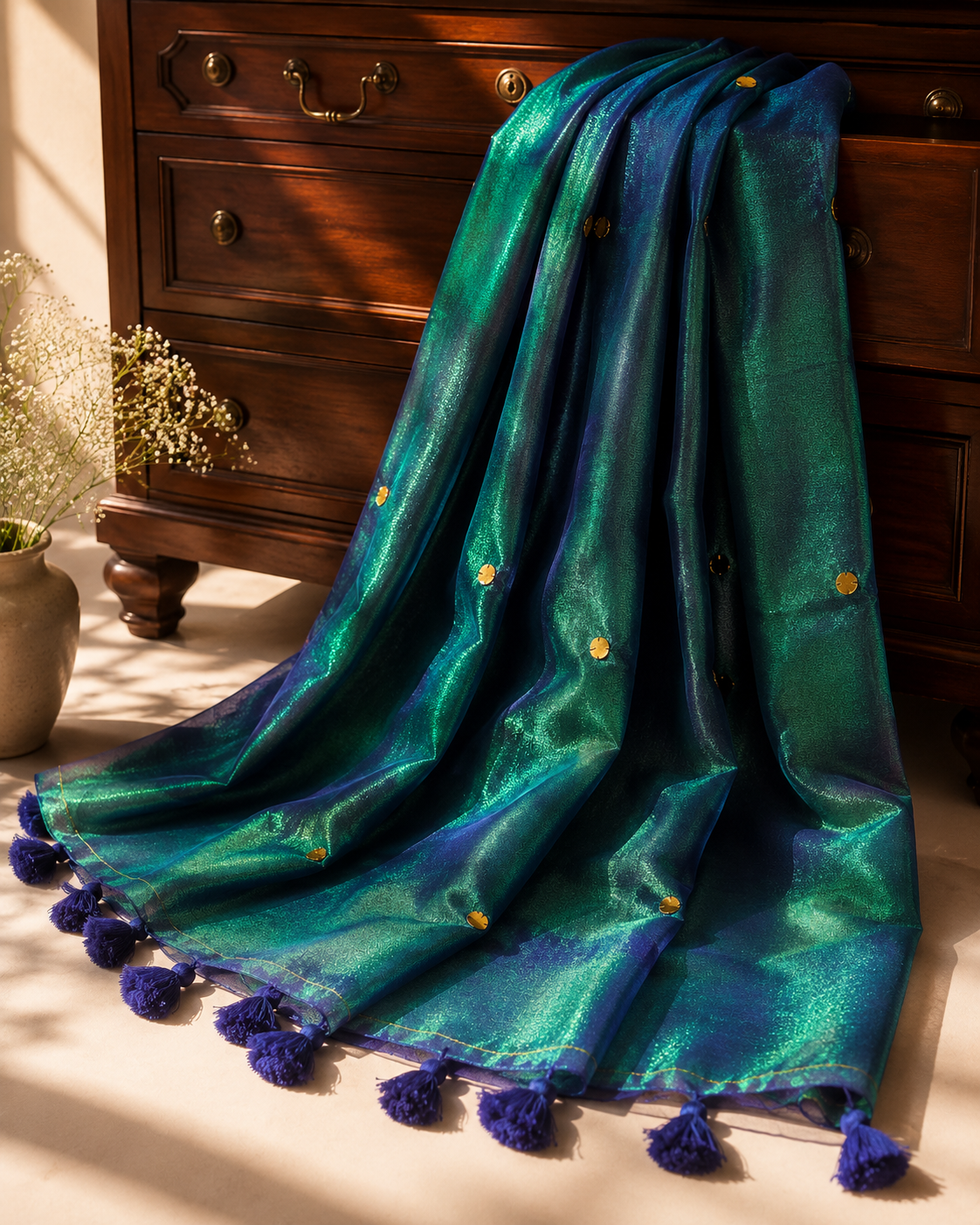 Nila Emerald Tissue Saree | Peacock Blue Tissue Silk Blend, Gold Buttas, Tassel Border, Wedding Saree