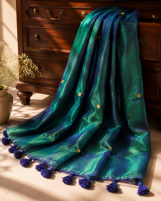 Nila Emerald Tissue Saree | Peacock Blue Tissue Silk Blend, Gold Buttas, Tassel Border, Wedding Saree