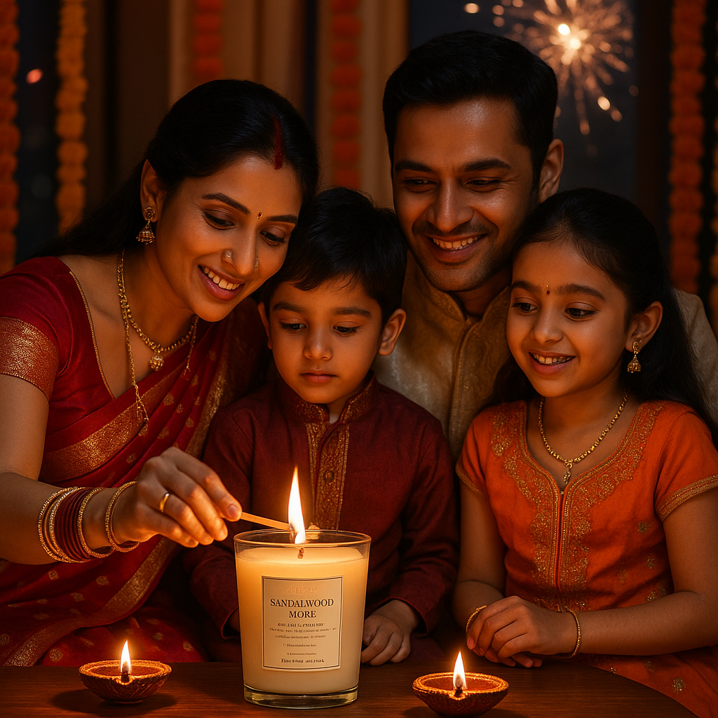 🪔 Diwali Sandalwood Musk Scented Candle – Luxury Blend in Elegant Glass Jar