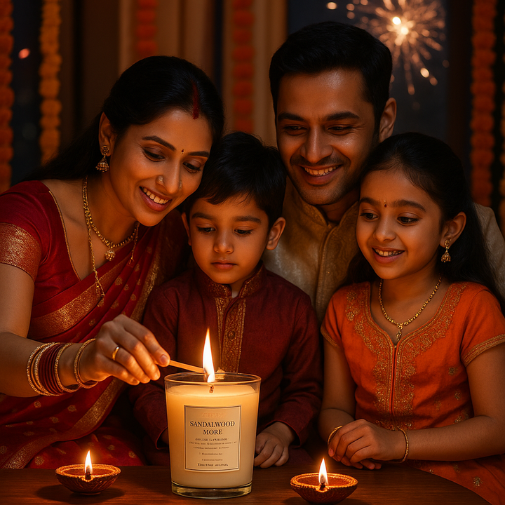 🪔 Diwali Sandalwood Musk Scented Candle – Luxury Blend in Elegant Glass Jar