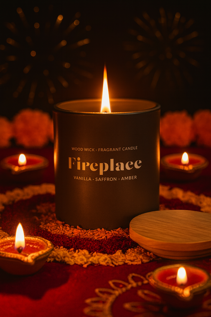 Premium Fireplace Wood Wick Candle – Vanilla, Saffron & Amber Blend