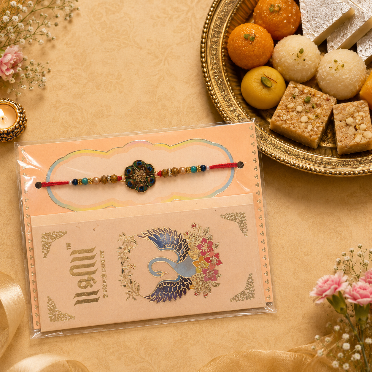 Rakhi/ Raki Floral Round Peacock Feather (Online exclusive)