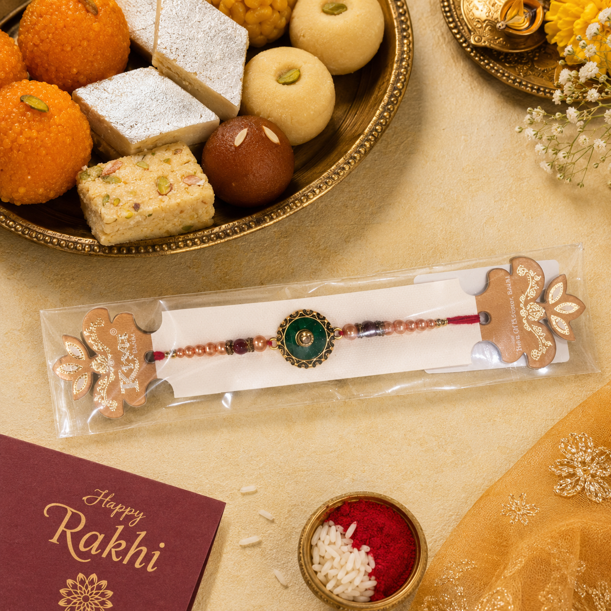 Rakhi/ Raki Green Stone with beads (Online exclusive)
