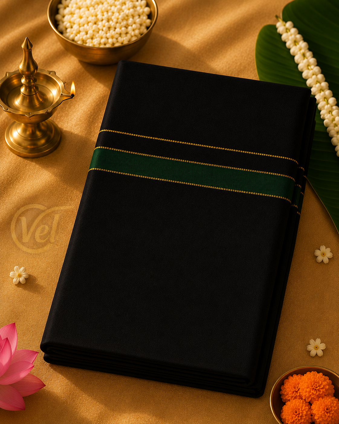 Ramraj Cotton Dhoti Black with Coloured Border 1.27m x 2m (colour options available)