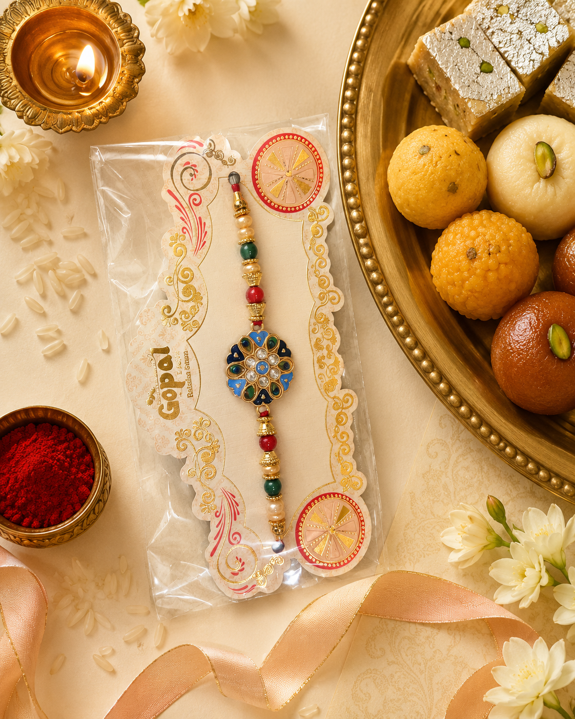 Rakhi/Raki Peacock floral with beads (Online exclusive)