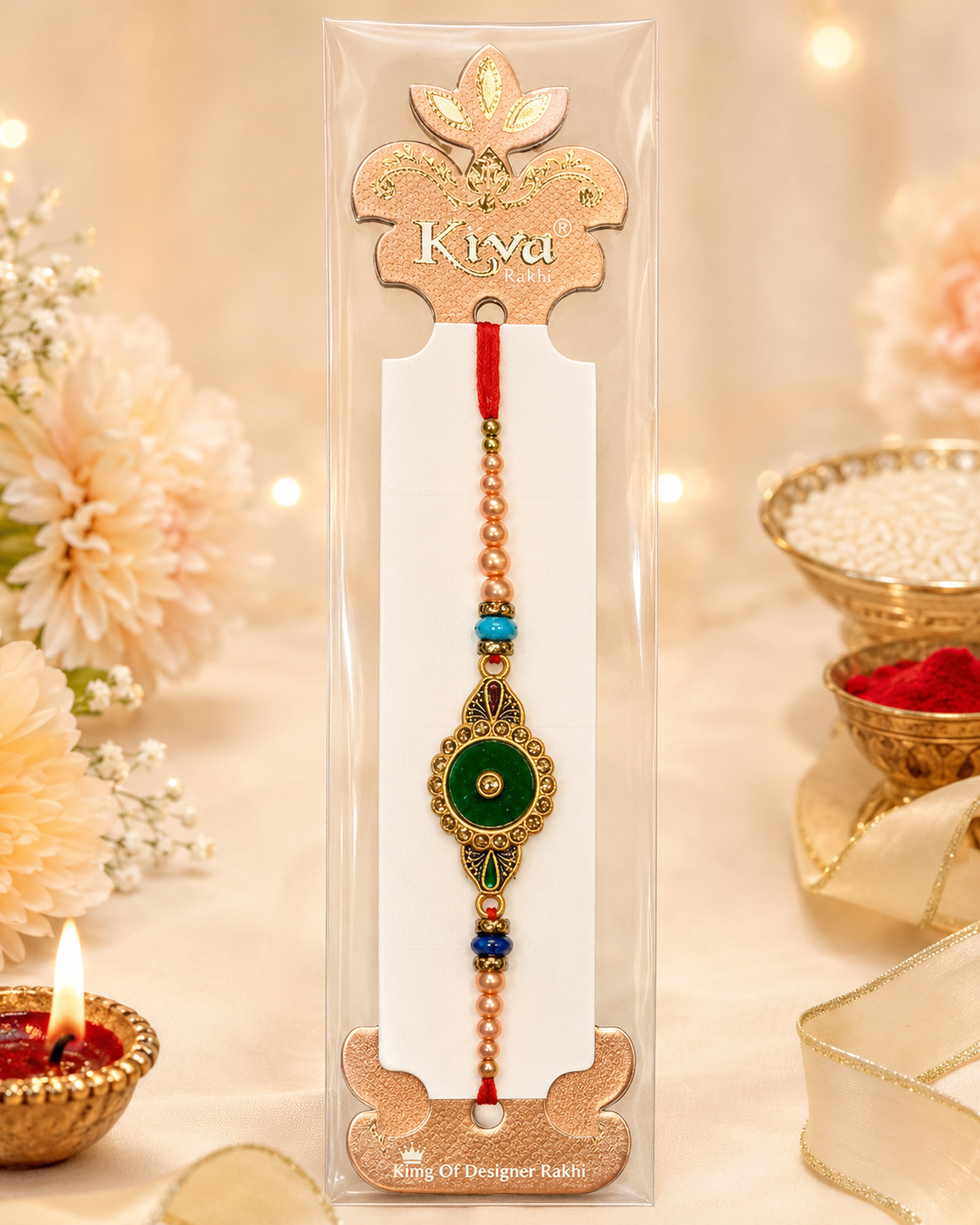 Rakhi/ Raki Round Green Stone with beads (Online exclusive)