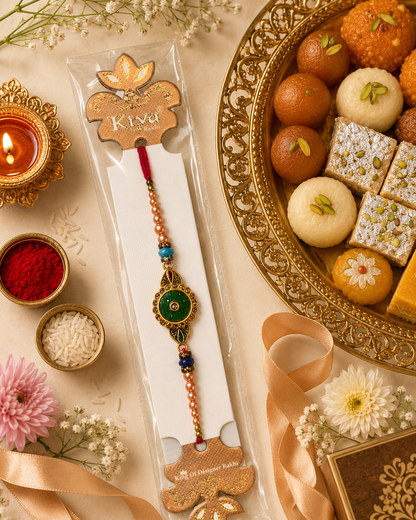 Rakhi/ Raki Round Green Stone with beads (Online exclusive)