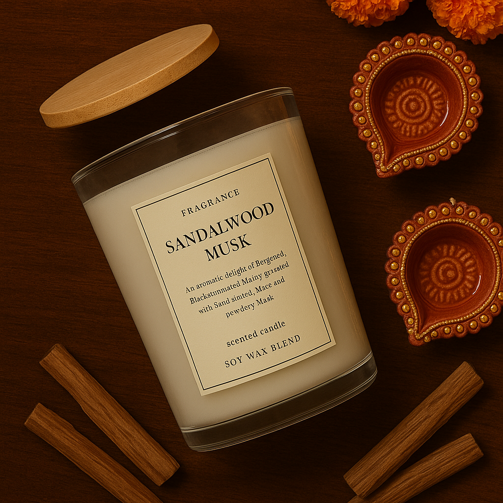🪔 Diwali Sandalwood Musk Scented Candle – Luxury Blend in Elegant Glass Jar