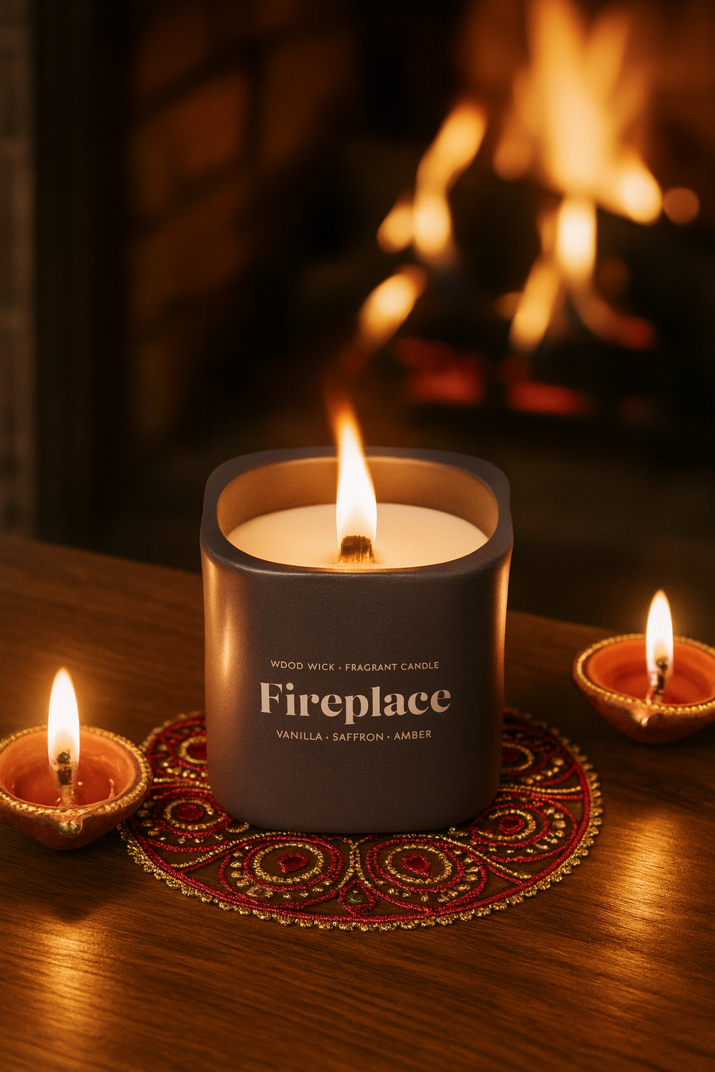 Premium Fireplace Wood Wick Candle – Vanilla, Saffron & Amber Blend