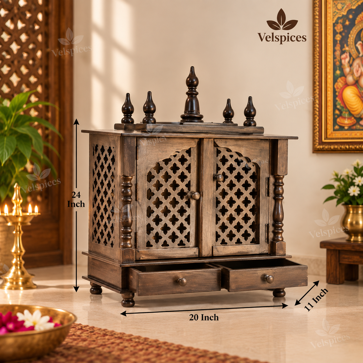 Bhakti Temple AET57 Dark Brown MDF/Mango Wood Mandir 20 x 11 x 24 Inch