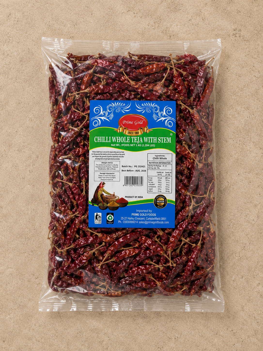 Prime Gold Chilli Whole Teja with stem 1Kg-Price Freeze Frenzy - Online Sale Only
