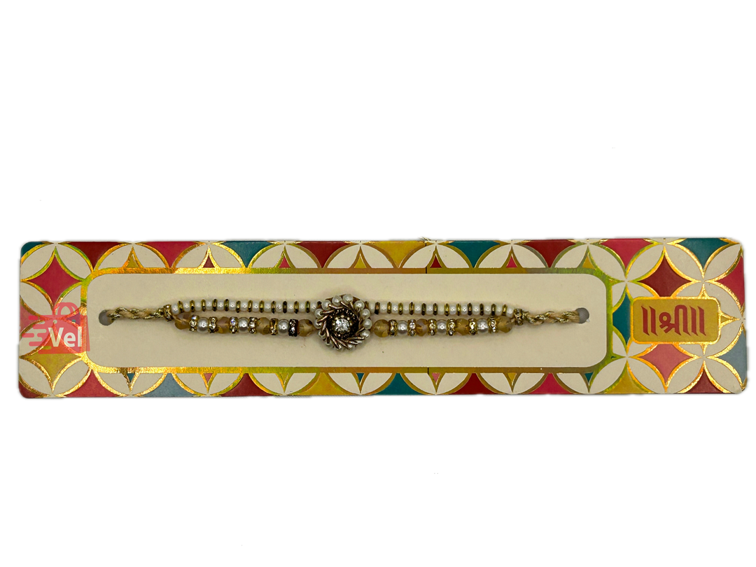 Golden coloured rakhi with beads (Online exclusive)