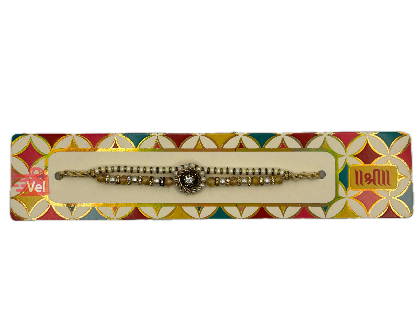 Golden coloured rakhi with beads (Online exclusive)