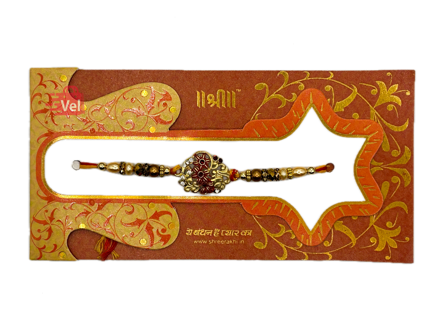 Golden rakhi with beads (Online exclusive)