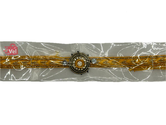 Yellow threaded rakhi with green stones (Online exclusive)
