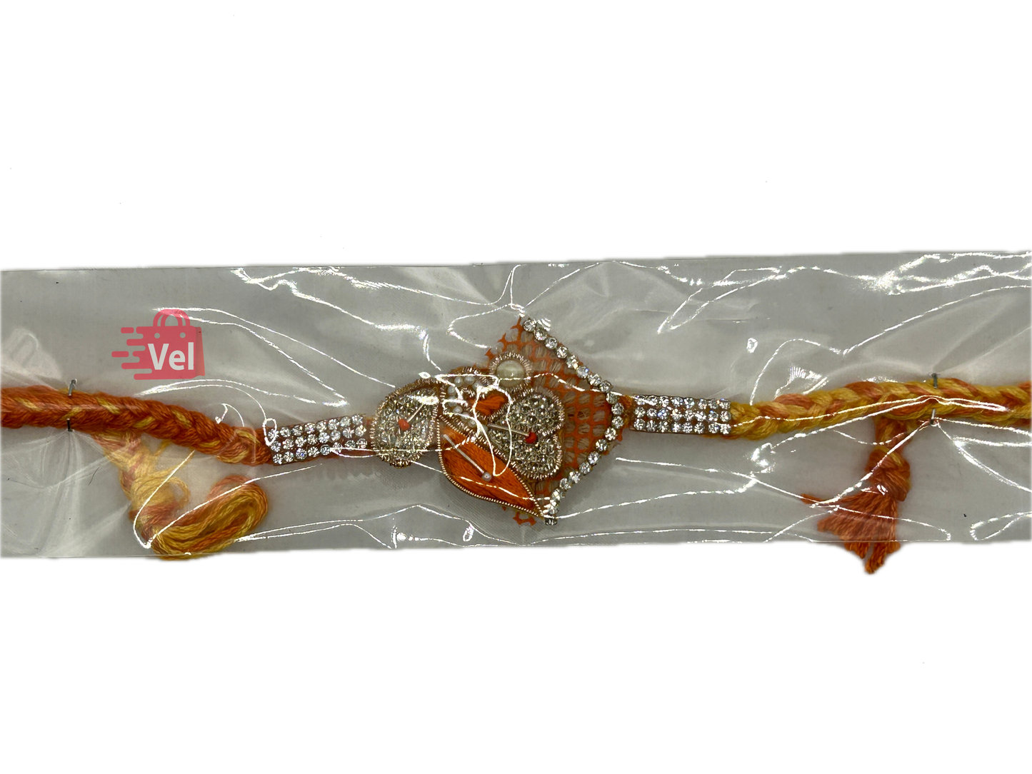 Orange threaded rakhi with silver stones (Online exclusive)