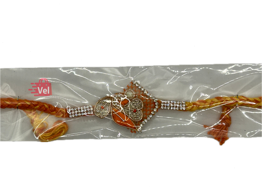 Orange threaded rakhi with silver stones (Online exclusive)