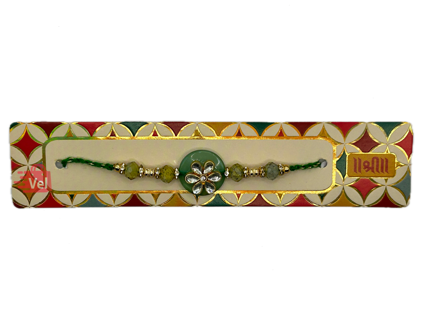 Green threaded rakhi with green beads (Online exclusive)