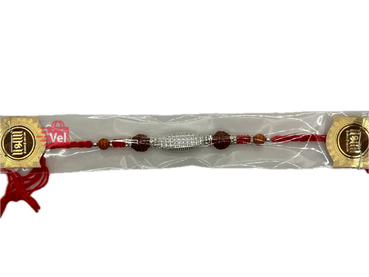 Silver coloured rakhi with rudraksha (Online exclusive)