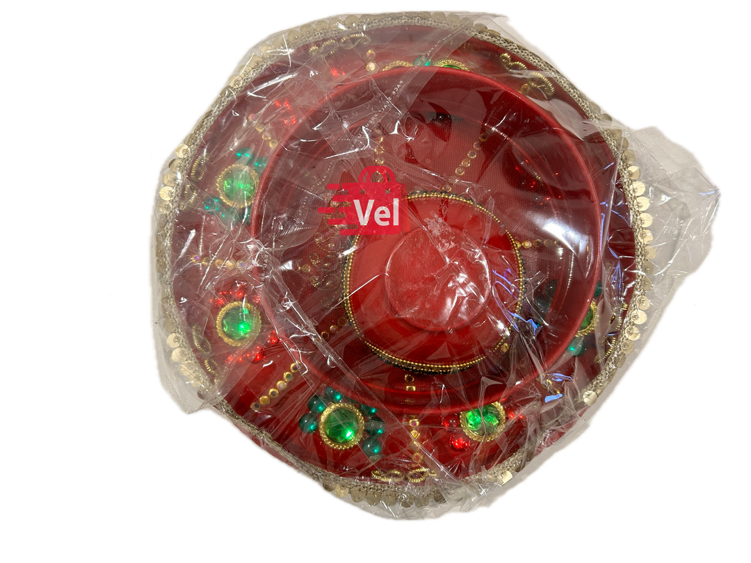 Karwa Chauth Puja Set – Red with stones Thali, Mitti Karwa & Channi | Elegant Vrat Kit