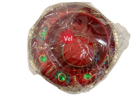 Karwa Chauth Puja Set – Red with stones Thali, Mitti Karwa & Channi | Elegant Vrat Kit