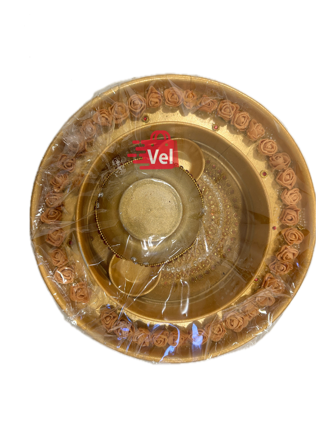 Karwa Chauth Puja Set – Golden with flowers Thali, Mitti Karwa & Channi | Elegant Vrat Kit