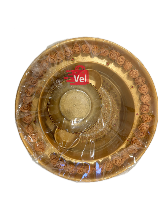 Karwa Chauth Puja Set – Golden with flowers Thali, Mitti Karwa & Channi | Elegant Vrat Kit