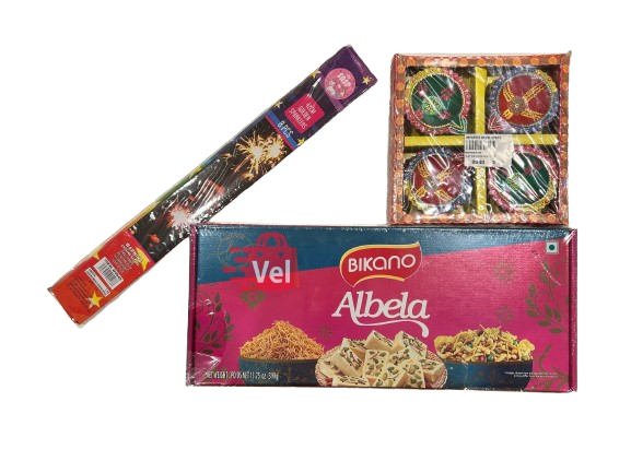 Diwali Celebration Pack – Decorative Diyas (Any Design Waxless), Sparkler 42 cm & Bikano Albeela Box