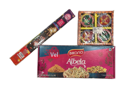 Diwali Celebration Pack – Decorative Diyas (Any Design Waxless), Sparkler 42 cm & Bikano Albeela Box