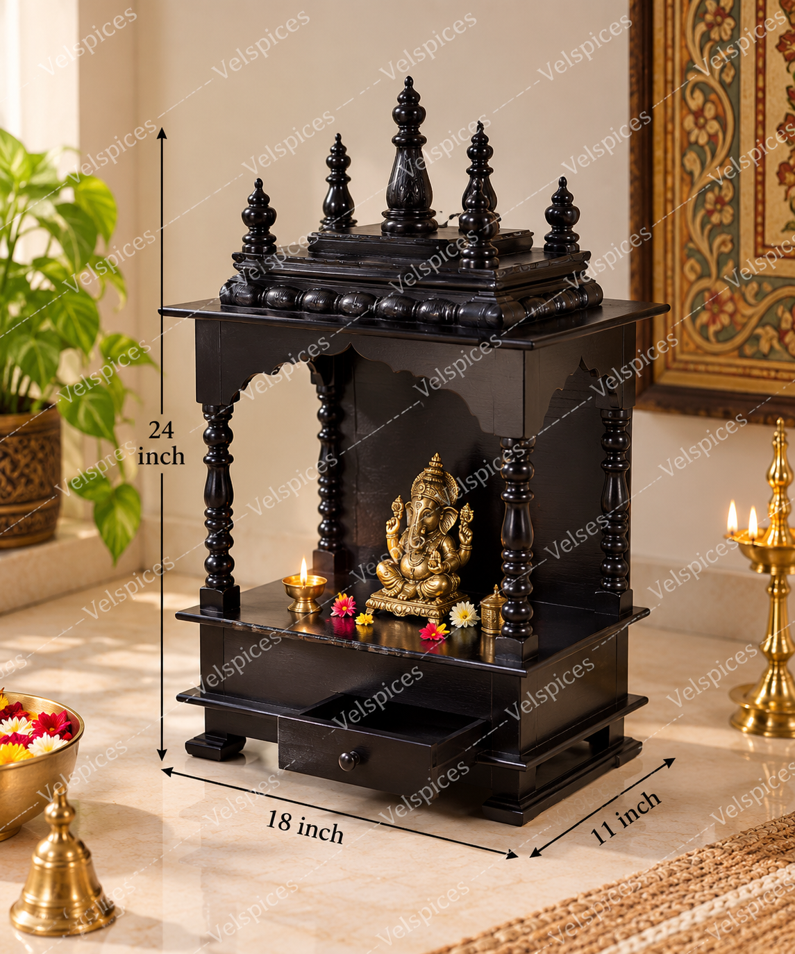 Bhakti Temple AET11 Brown MDF & Mango Wood Mandir 18 x 11 x 24 Inch