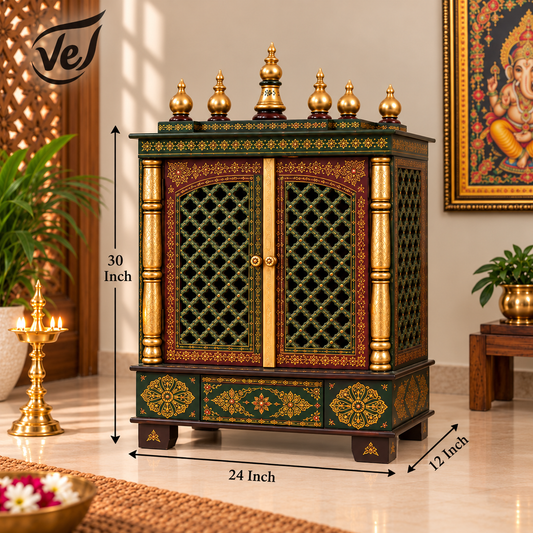 Bhakti Temple AET23 Dark Red & Gold MDF/Mango Wood Mandir 24 x 12 x 30 Inch