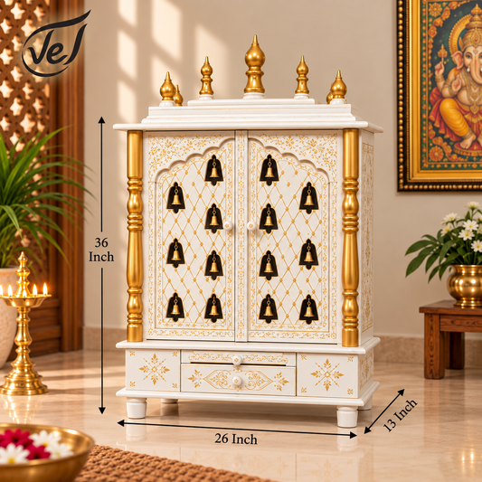 Bhakti Temple AET111 White & Gold MDF/Mango Wood Mandir with Bells 26 x 13 x 36 Inch