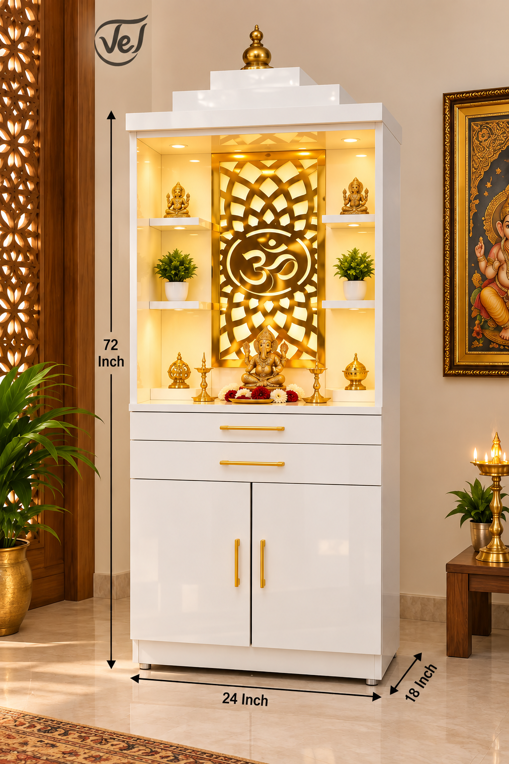 Bhakti Temple AET113 White & Gold Sesame/Veneer Wood Mandir 24 x 18 x 72 Inch | Pre-order 1-2 Weeks