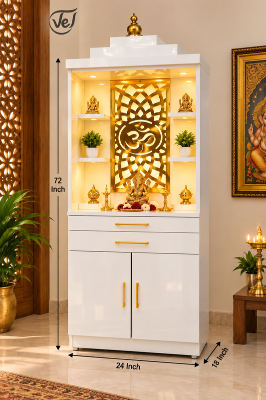 Bhakti Temple AET113 White & Gold Sesame/Veneer Wood Mandir 24 x 18 x 72 Inch