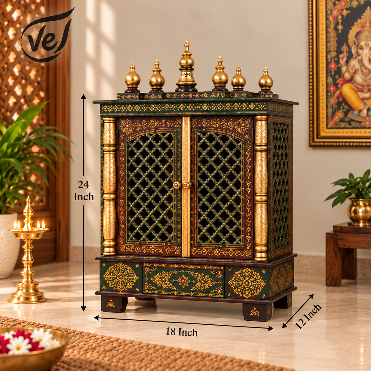 Bhakti Temple AET23 Dark Red & Gold MDF/Mango Wood Mandir 18 x 12 x 24 Inch | Pre-order 1-2 Weeks