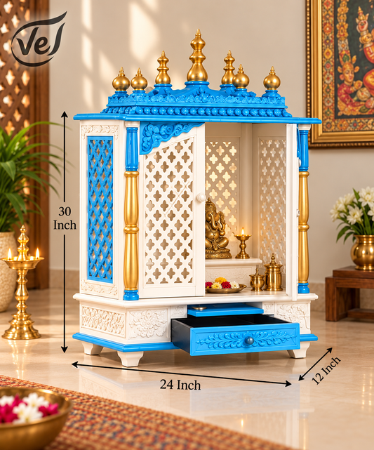 Bhakti Temple AET24 Blue & White MDF/Mango Wood Mandir 24 x 12 x 30 Inch
